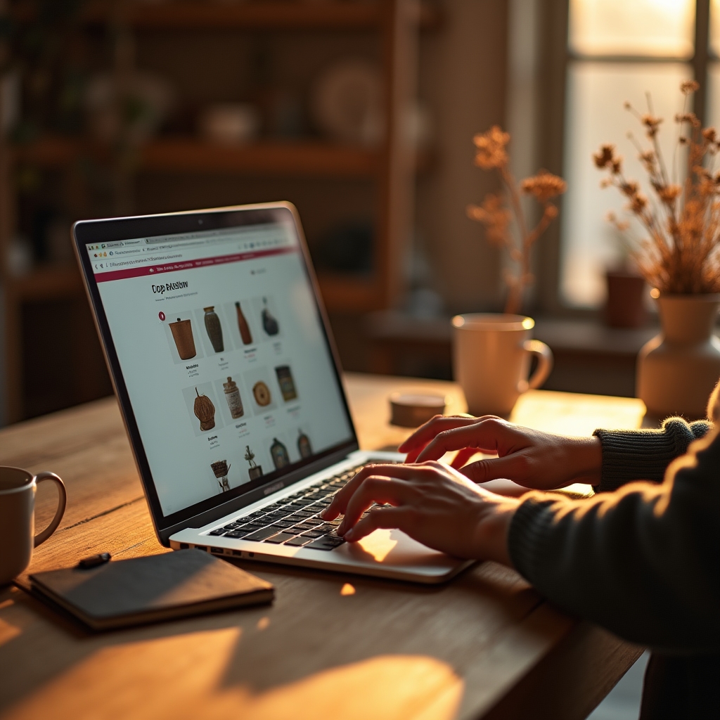 Configuración de una tienda online en una laptop sobre un escritorio de madera